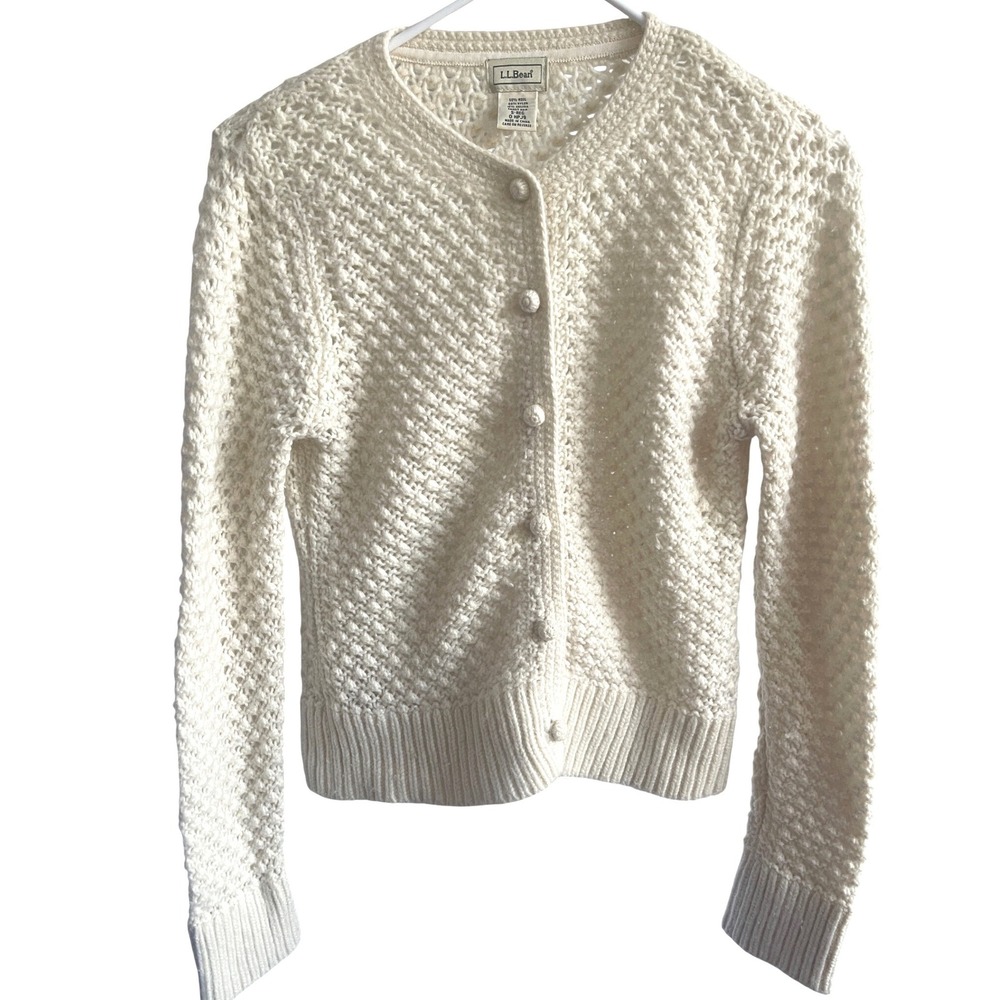 L.L. Bean Cream‎ Wool Angora Blend Open Knit Cottage Cardigan Sweater  S